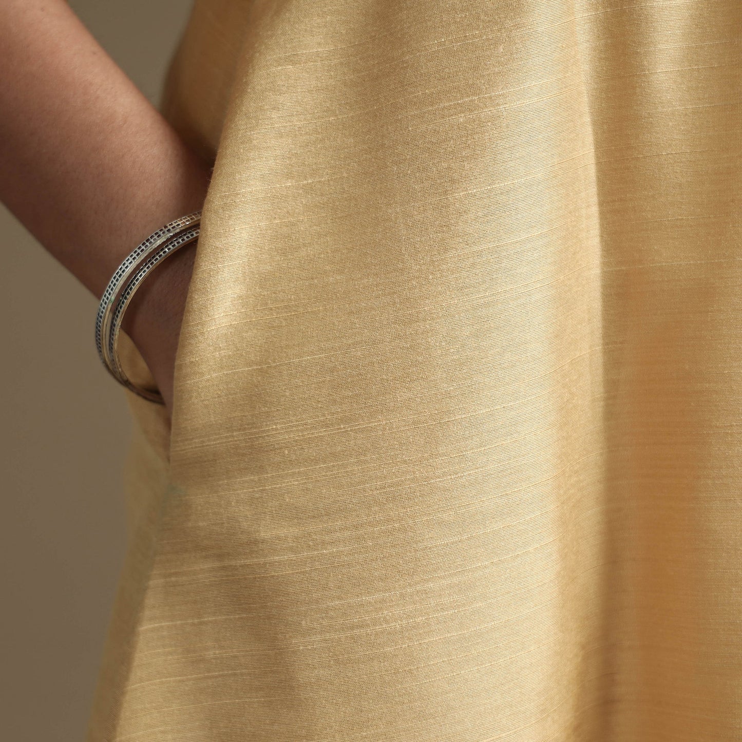 Beige - Plain Solid Slub Silk A-Line Kurta with Beadwork Hand Embroidery Lace