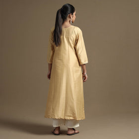 Beige - Plain Solid Slub Silk A-Line Kurta with Beadwork Hand Embroidery Lace