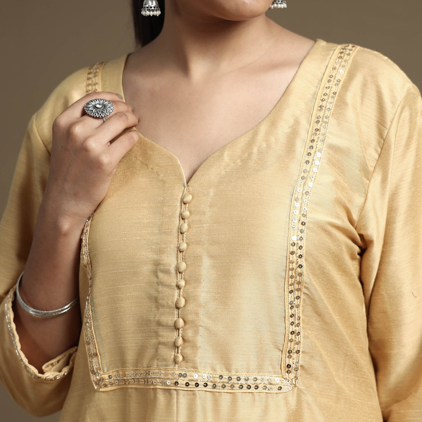 Beige - Plain Solid Slub Silk A-Line Kurta with Beadwork Hand Embroidery Lace
