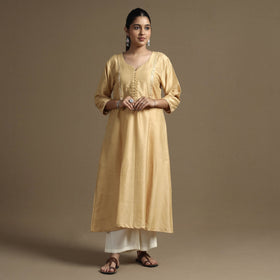 Beige - Plain Solid Slub Silk A-Line Kurta with Beadwork Hand Embroidery Lace