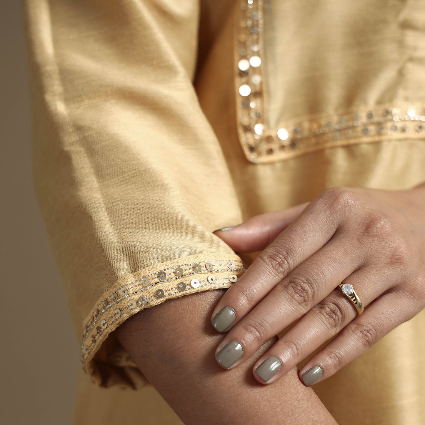 Beige - Plain Solid Slub Silk A-Line Kurta with Beadwork Hand Embroidery Lace