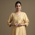 Beige - Plain Solid Slub Silk A-Line Kurta with Beadwork Hand Embroidery Lace
