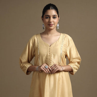 Beige - Plain Solid Slub Silk A-Line Kurta with Beadwork Hand Embroidery Lace
