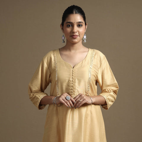 Beige - Plain Solid Slub Silk A-Line Kurta with Beadwork Hand Embroidery Lace