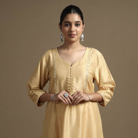 Beige - Plain Solid Slub Silk A-Line Kurta with Beadwork Hand Embroidery Lace