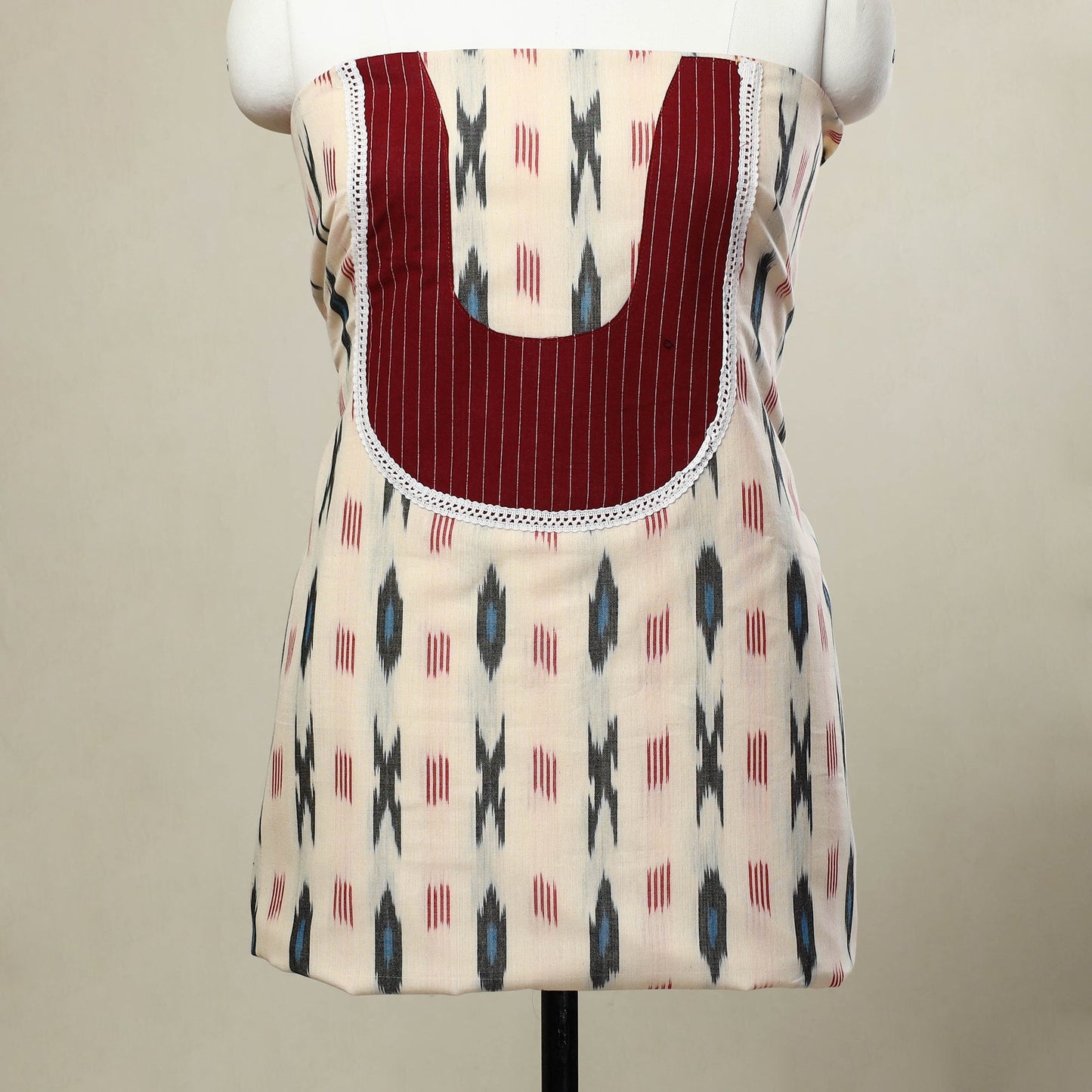 Buy Beige Pochampally Ikat Patchwork Cotton Kurta Material