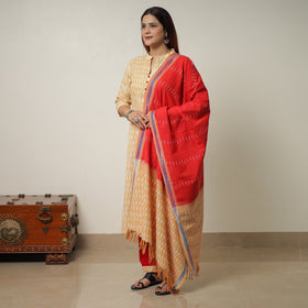 Beige Pochampally Ikat Weave Cotton Kurta with Palazzo & Dupatta Set