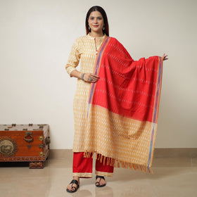Beige Pochampally Ikat Weave Cotton Kurta with Palazzo & Dupatta Set