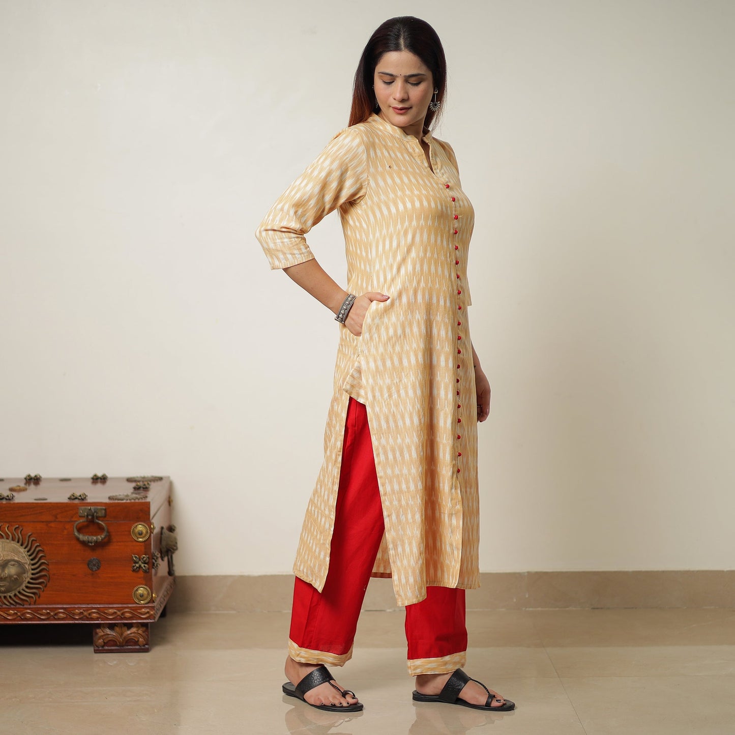Beige Pochampally Ikat Weave Cotton Kurta with Palazzo & Dupatta Set
