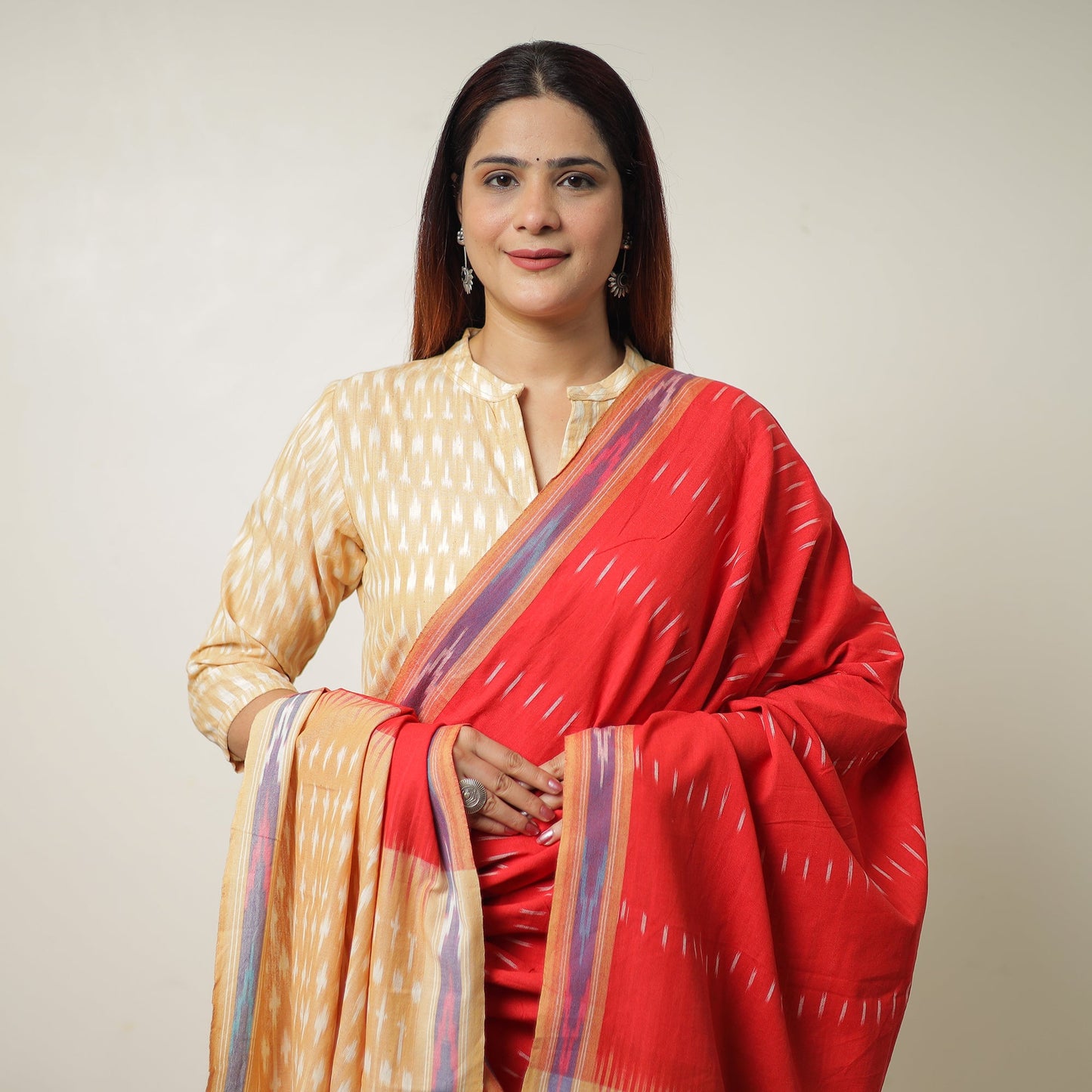 Beige Pochampally Ikat Weave Cotton Kurta with Palazzo & Dupatta Set