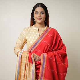 Beige Pochampally Ikat Weave Cotton Kurta with Palazzo & Dupatta Set