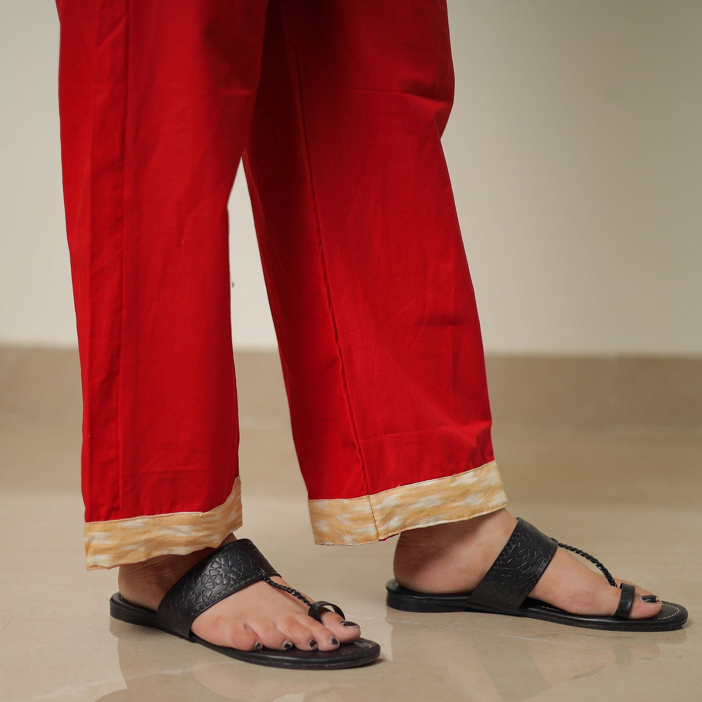 Beige Pochampally Ikat Weave Cotton Kurta with Palazzo & Dupatta Set