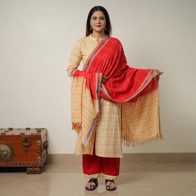 Beige Pochampally Ikat Weave Cotton Kurta with Palazzo & Dupatta Set