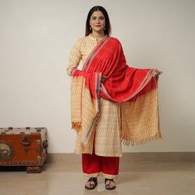 Beige Pochampally Ikat Weave Cotton Kurta with Palazzo & Dupatta Set