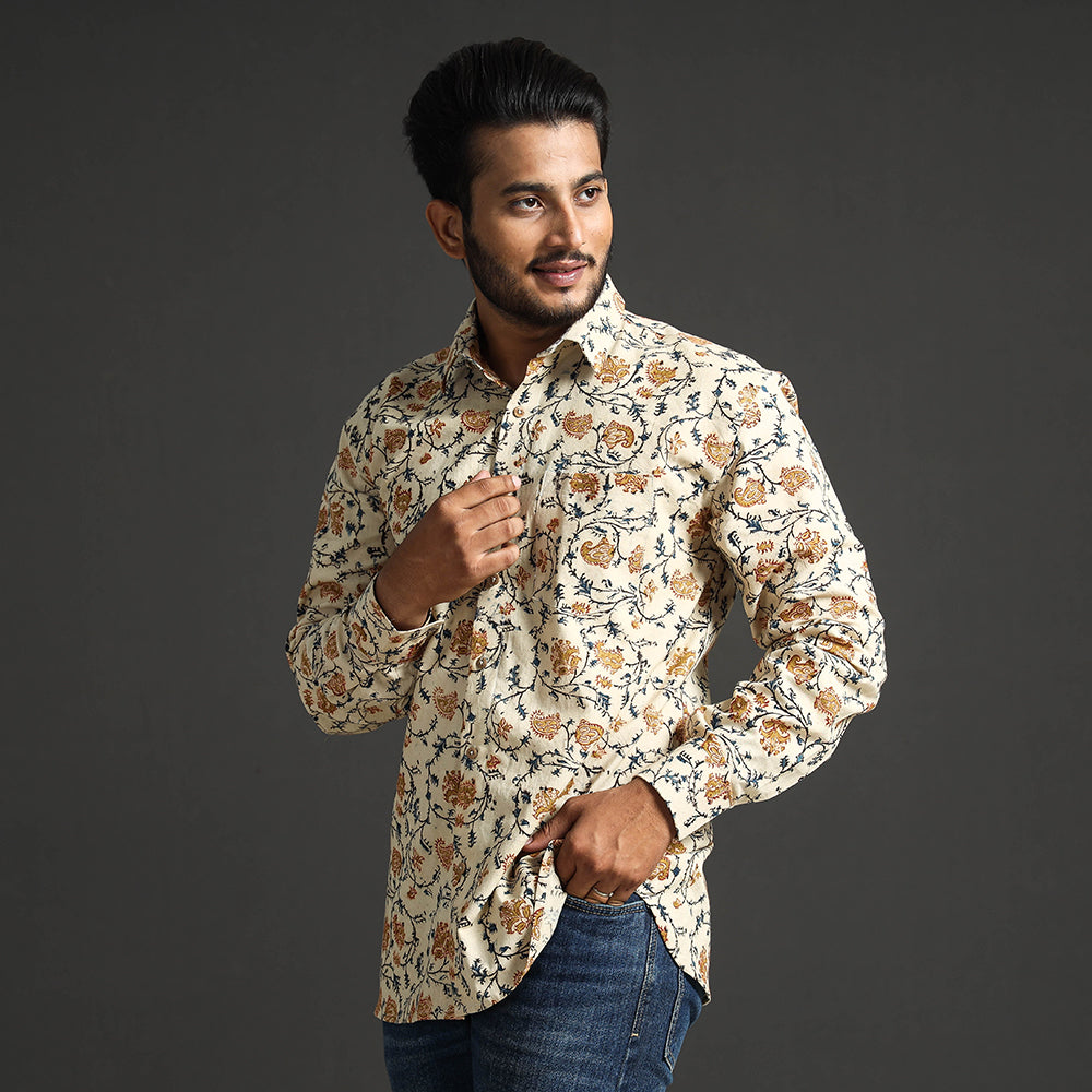  Premium Pedana Kalamkari Block Printed Cotton Men Full Sleeve Shirt 