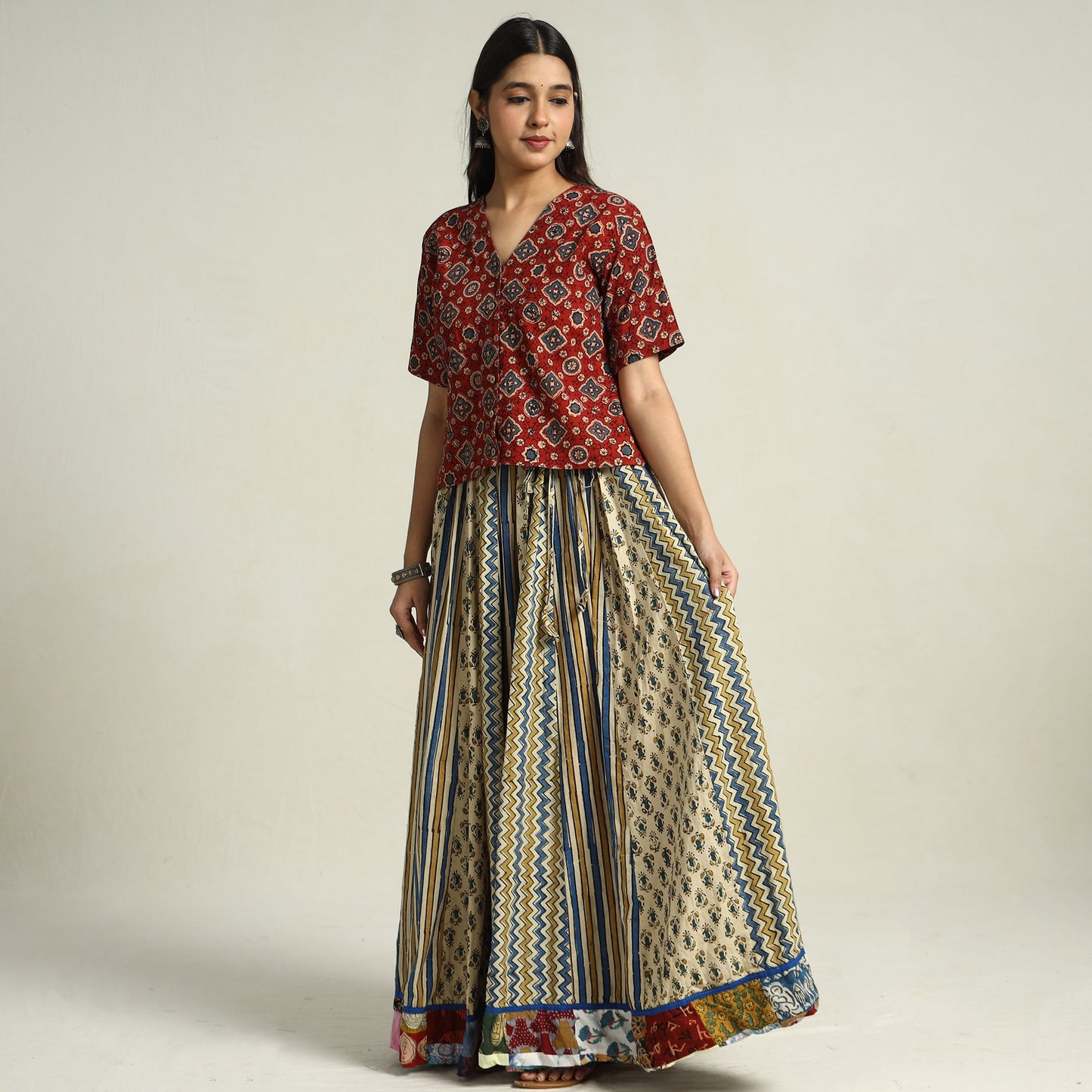  Ajrakh Block Printed 24 Kali Patchwork Cotton Long Skirt 36 Online at iTokri.com
