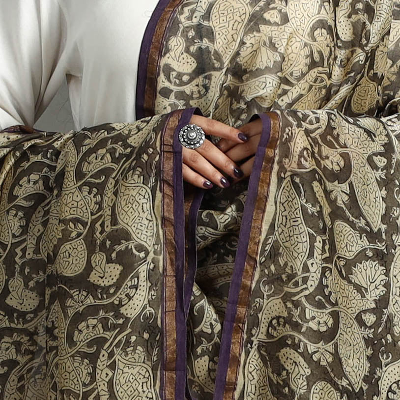 Buy Beige Block Printed Chanderi Silk Sanganeri Dupatta Online