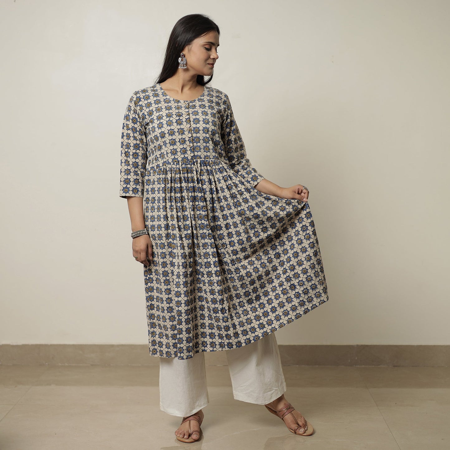  Ajrakh Block Printed Cotton Flared Kurta for Women