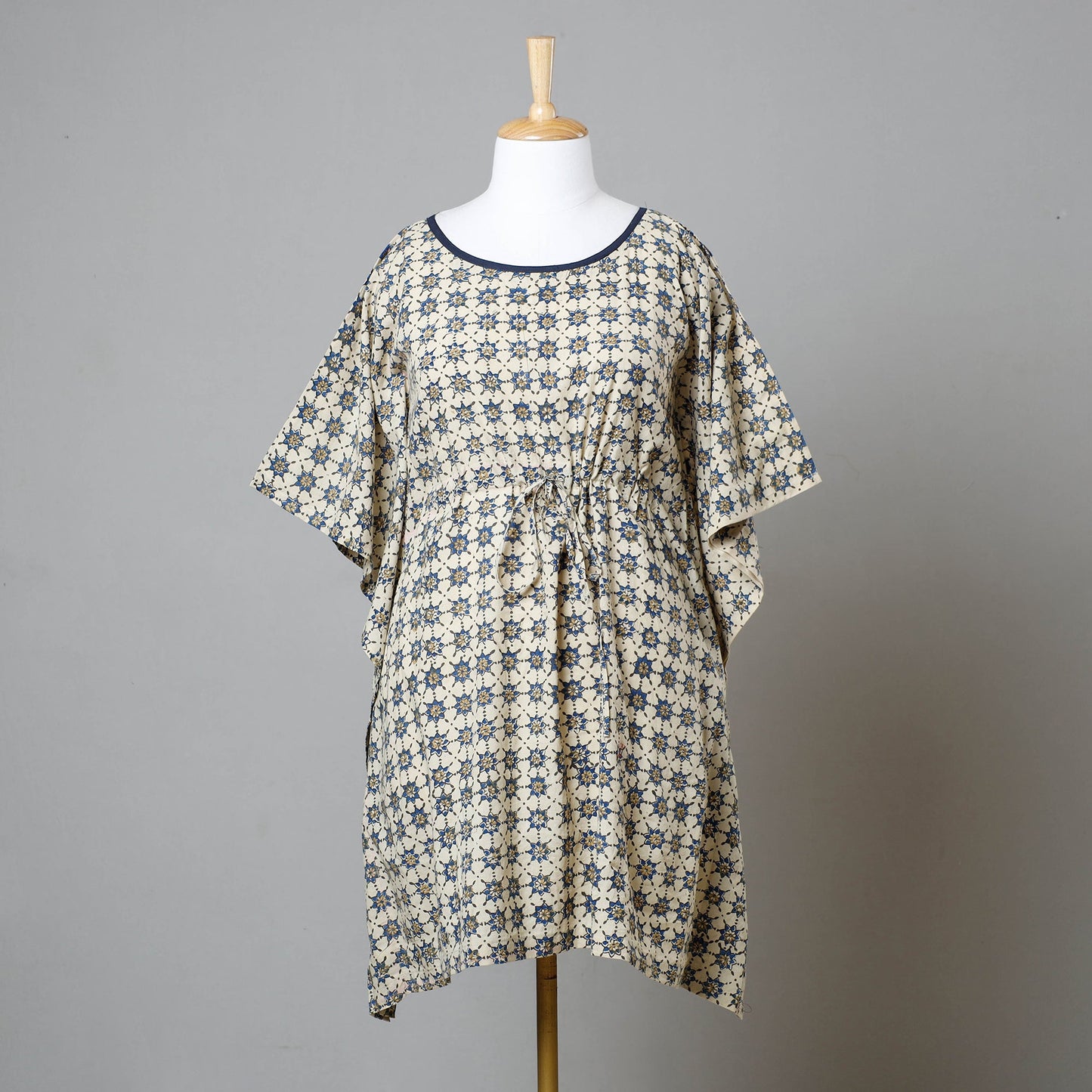 Beige - Ajrakh Block Printed Cotton Kaftan with Tie-Up Waist (Medium)