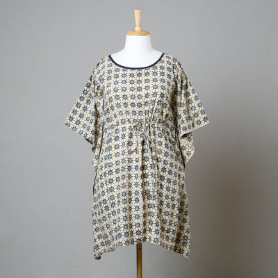 Beige - Ajrakh Block Printed Cotton Kaftan with Tie-Up Waist (Medium)
