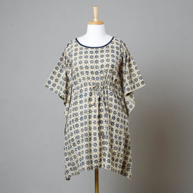 Beige - Ajrakh Block Printed Cotton Kaftan with Tie-Up Waist (Medium)