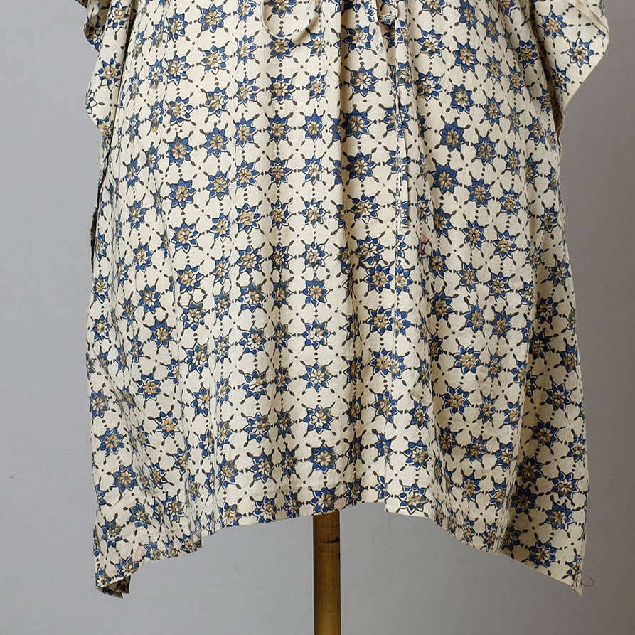 Beige - Ajrakh Block Printed Cotton Kaftan with Tie-Up Waist (Medium)
