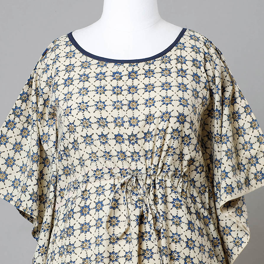 Beige - Ajrakh Block Printed Cotton Kaftan with Tie-Up Waist (Medium)