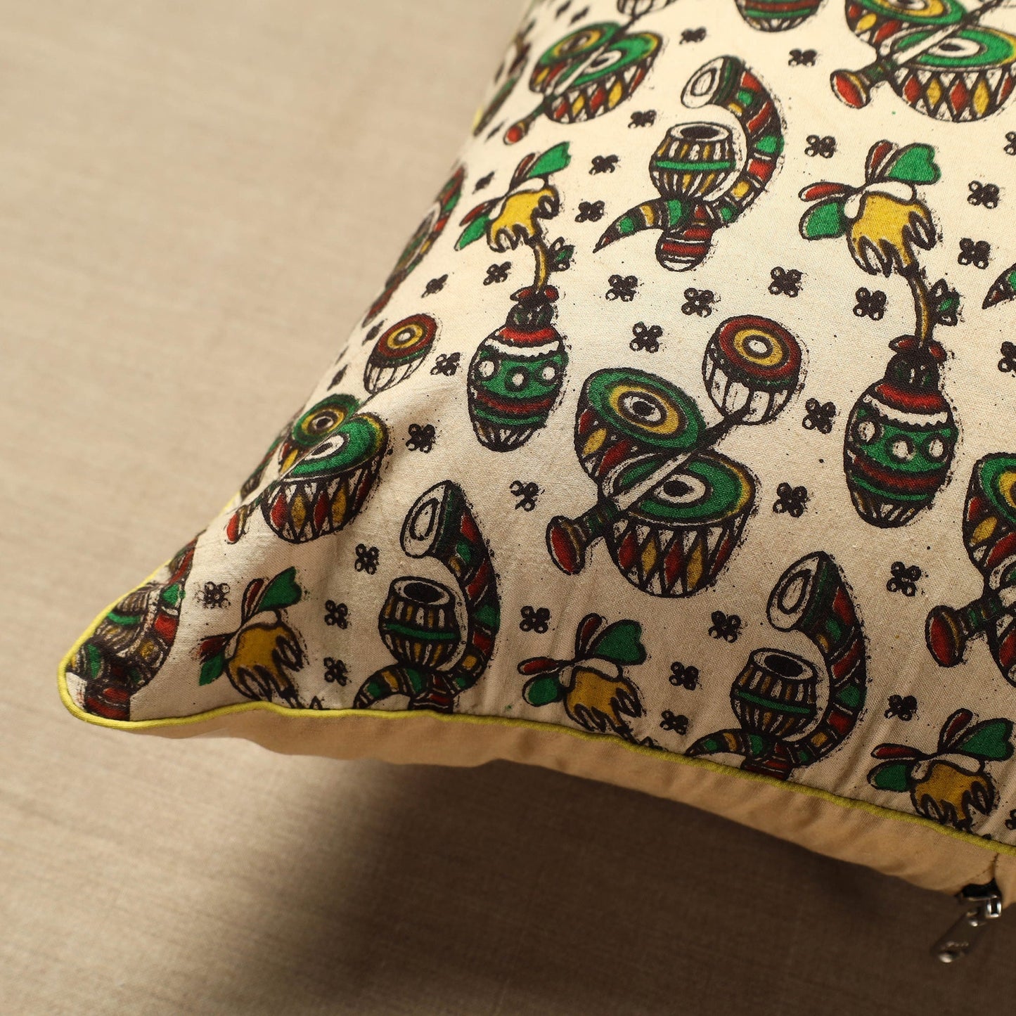 Beige - cotton printed kalamkari cushion cover (16 x 16 in)