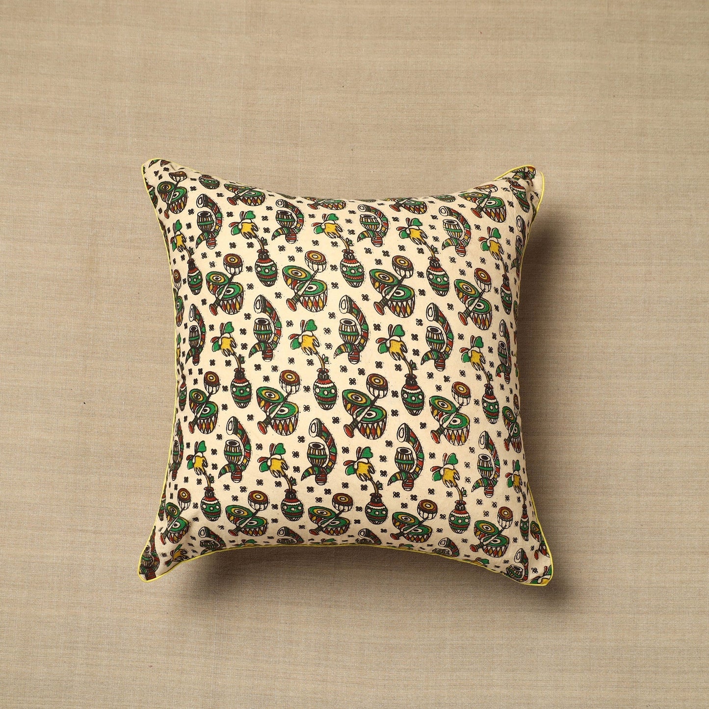 Beige - cotton printed kalamkari cushion cover (16 x 16 in)