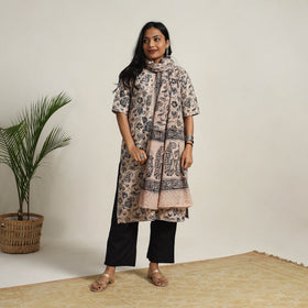 Beige - printed cotton kalamkari kurta set 06 - handcrafted