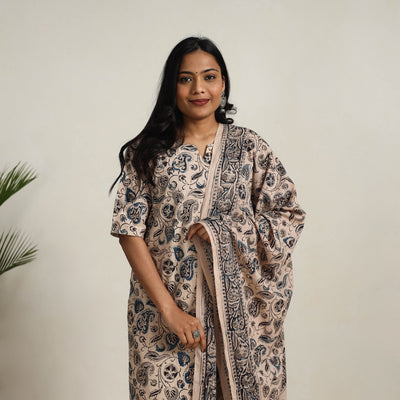 Beige - printed cotton kalamkari kurta set 06 - handcrafted
