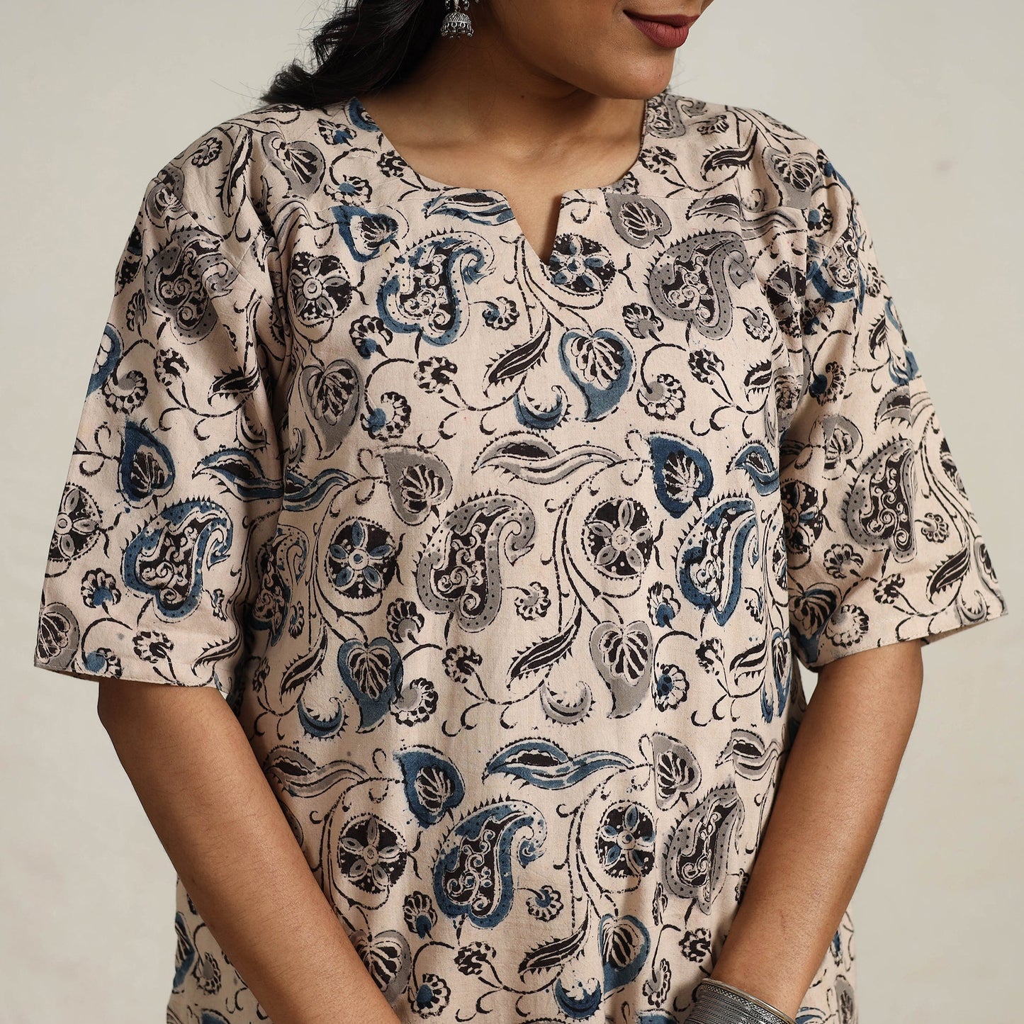 Beige - printed cotton kalamkari kurta set 06 - handcrafted