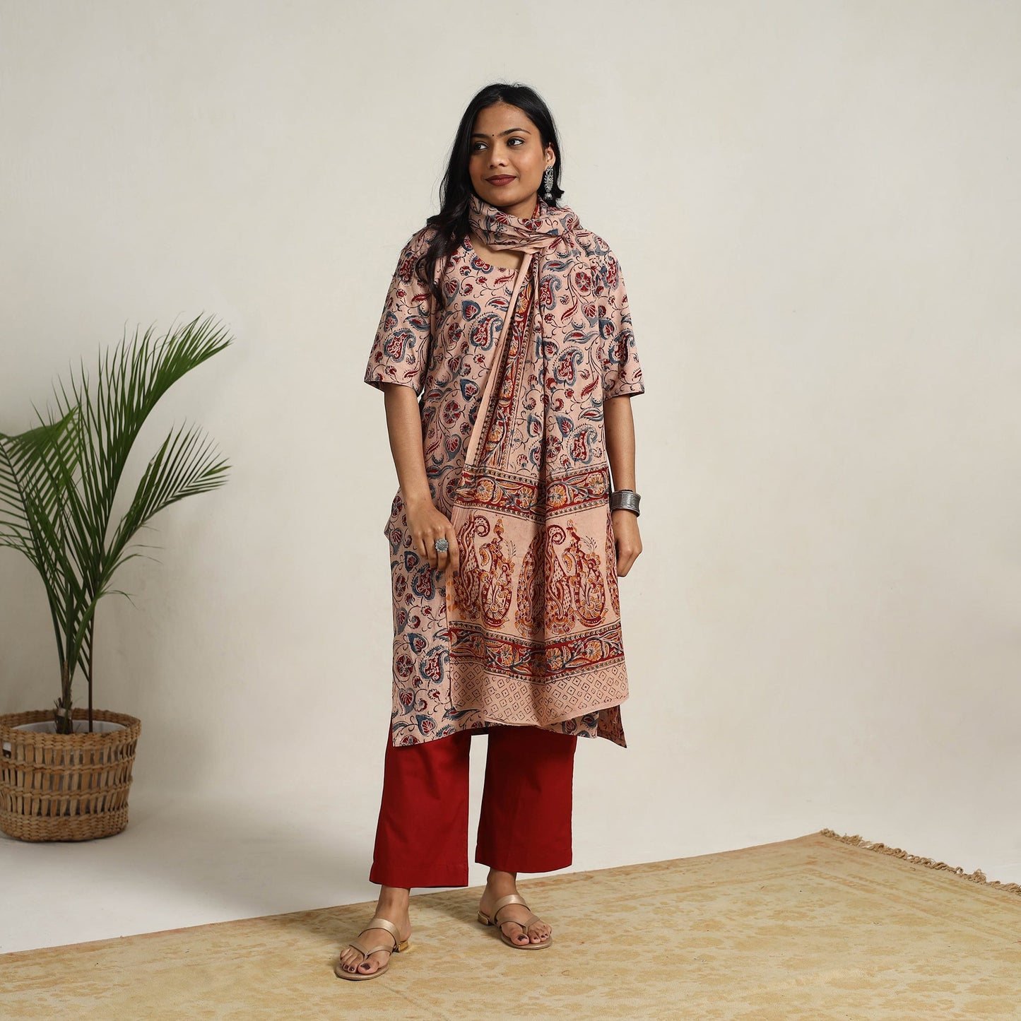 Buy Beige Block Printed Cotton Kalamkari Kurta Set