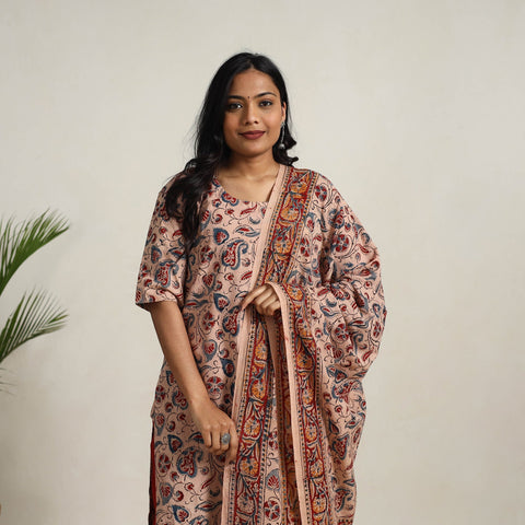 Buy Beige Block Printed Cotton Kalamkari Kurta Set