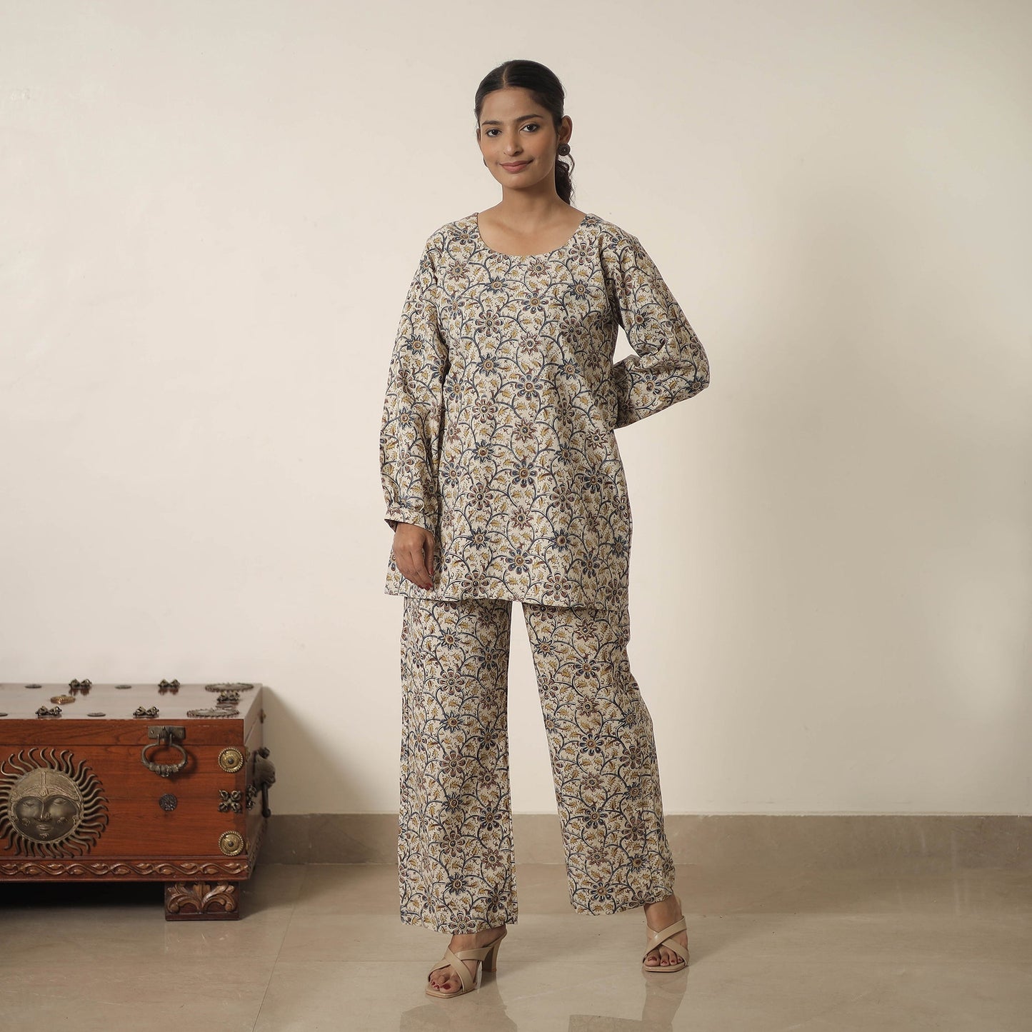 Buy Beige Block Printed Cotton Kalamkari Co-ord Set