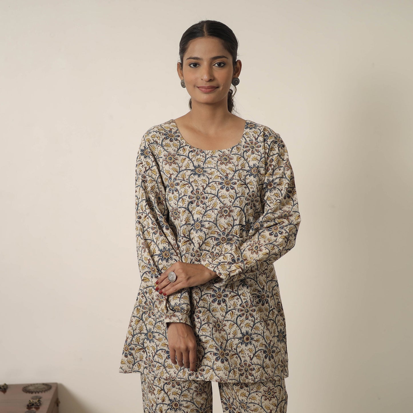 Buy Beige Block Printed Cotton Kalamkari Co-ord Set
