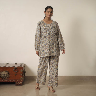 Buy Beige Block Printed Cotton Kalamkari Co-ord Set