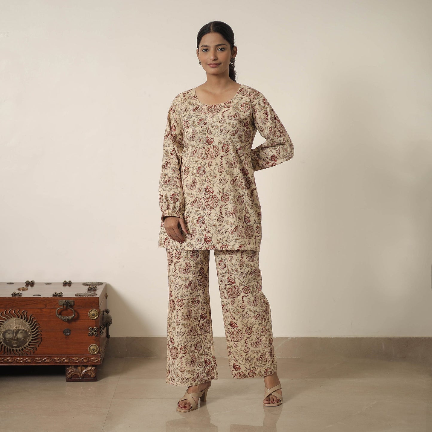  Beige Block Printed Cotton Kalamkari Co-ord Set