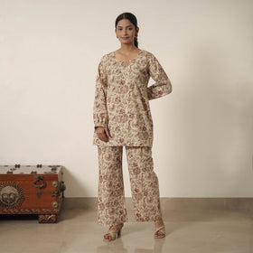  Beige Block Printed Cotton Kalamkari Co-ord Set