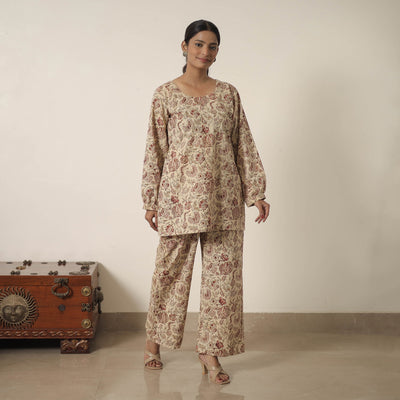  Beige Block Printed Cotton Kalamkari Co-ord Set
