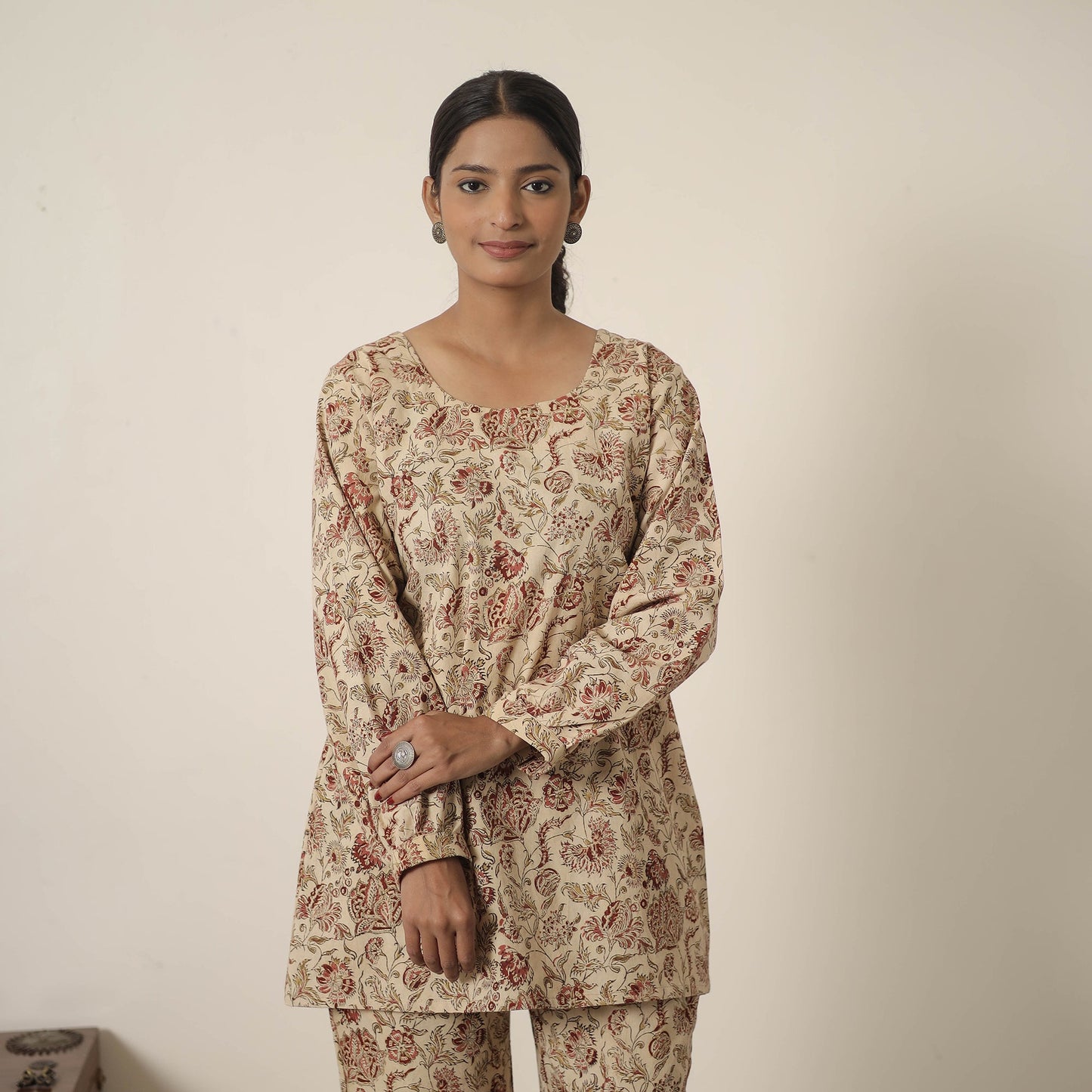  Beige Block Printed Cotton Kalamkari Co-ord Set