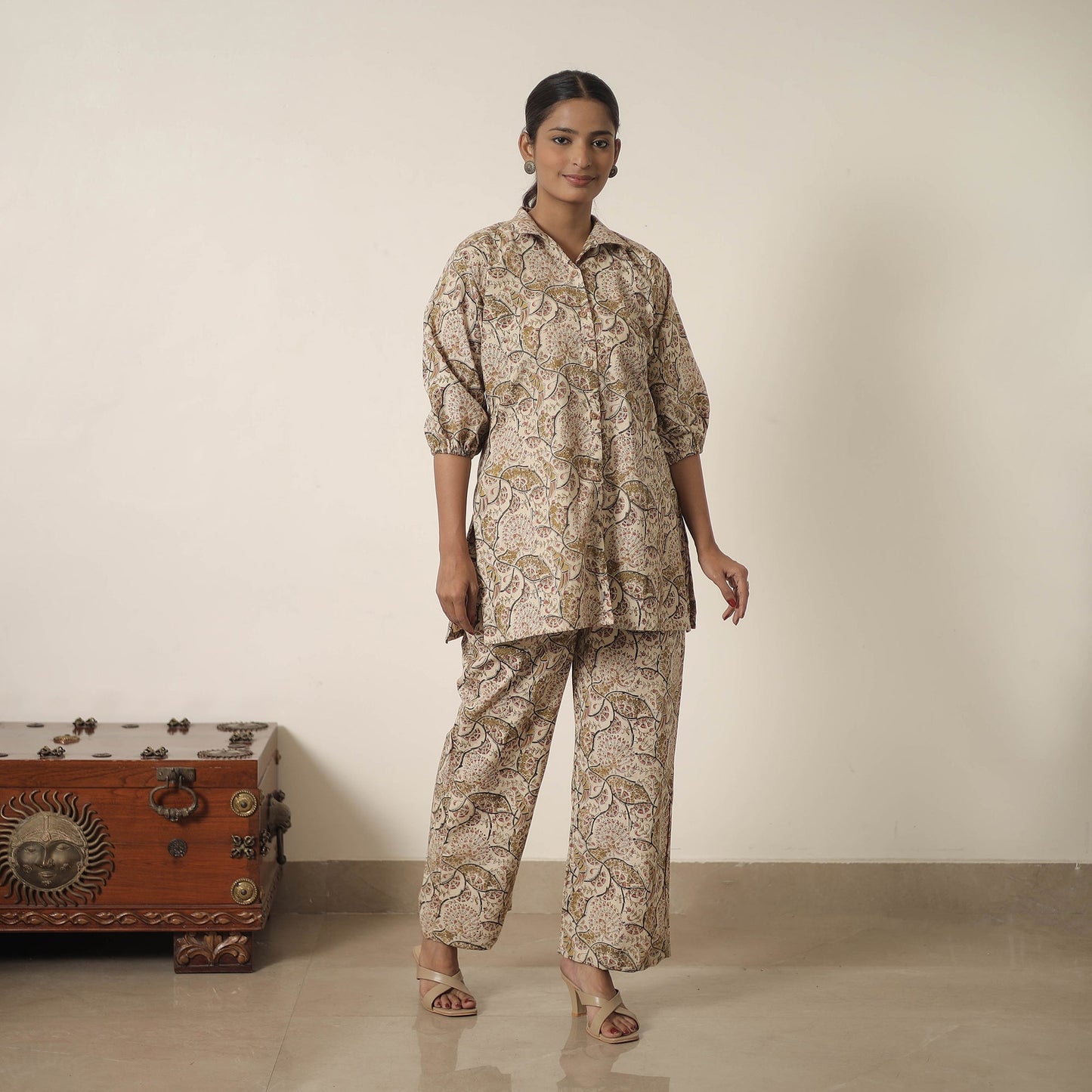 Beige - printed cotton kalamkari co-ord set 04 - handcrafted