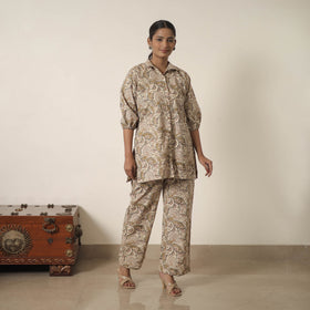 Beige - printed cotton kalamkari co-ord set 04 - handcrafted