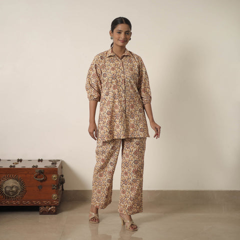 Beige - printed cotton kalamkari co-ord set 06 - handcrafted