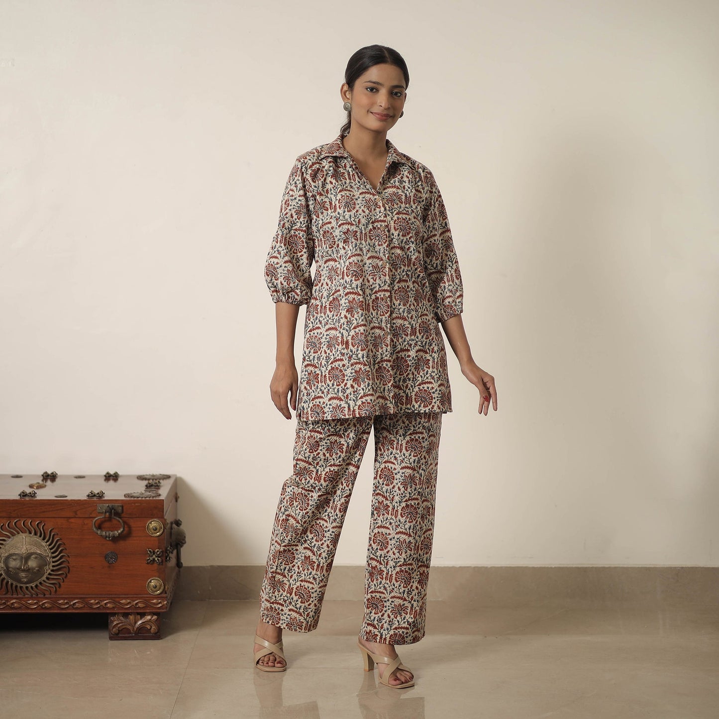 Buy Beige Block Printed Cotton Kalamkari Co-ord Set