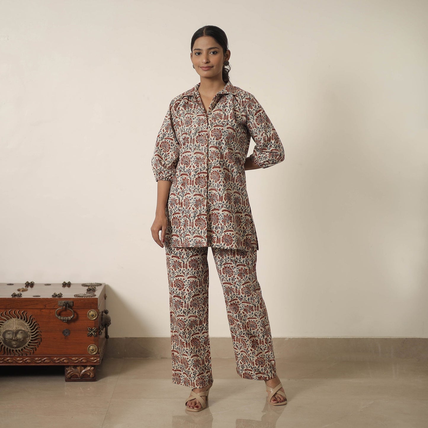 Buy Beige Block Printed Cotton Kalamkari Co-ord Set