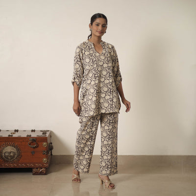  Beige Block Printed Cotton Kalamkari Co-ord Set