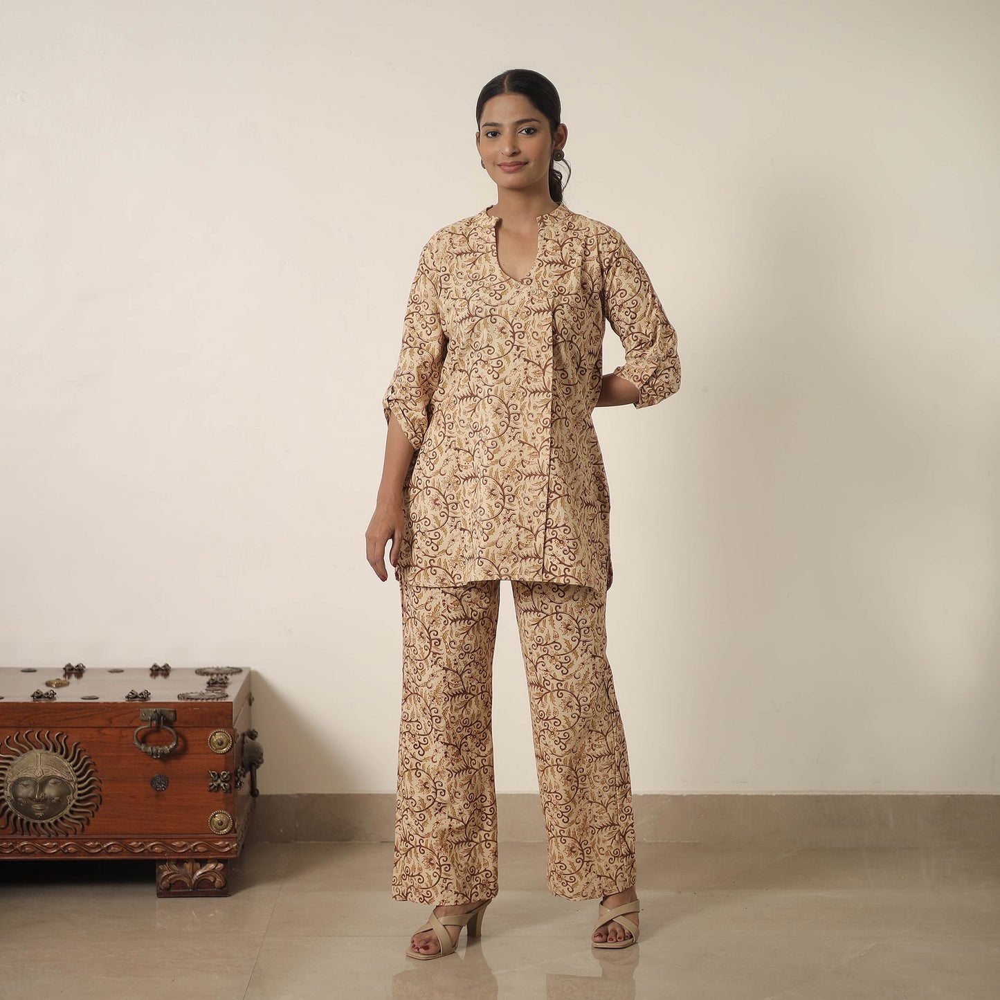 Buy Beige Block Printed Cotton Kalamkari Co-ord Set