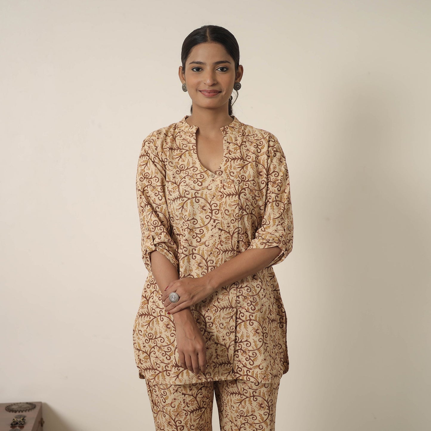 Buy Beige Block Printed Cotton Kalamkari Co-ord Set