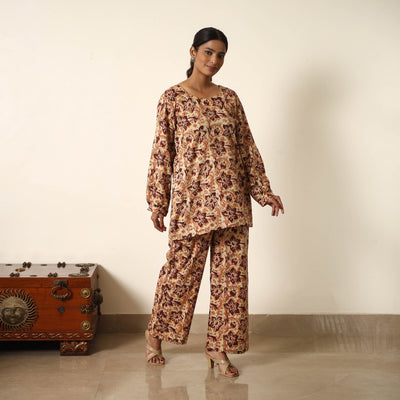 Buy Beige Block Printed Cotton Kalamkari Co-ord Set